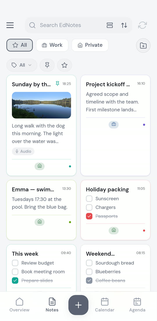 EdNotes anteckningsvy med kort och checklistor i profilerna Alla, Jobb och Privat